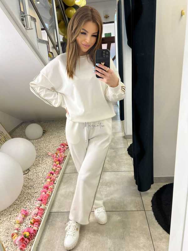 NB202 Komplet Dresowy Damski Masełkowy Szeroka Nogawka Lampasy Biały
