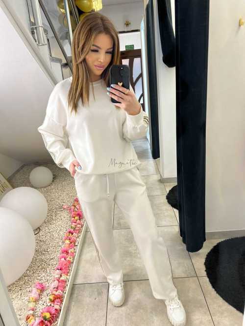 NB202 Komplet Dresowy Damski Masełkowy Szeroka Nogawka Lampasy Biały