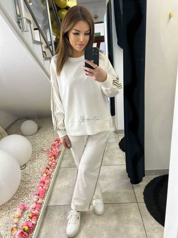 NB202 Komplet Dresowy Damski Masełkowy Szeroka Nogawka Lampasy Biały