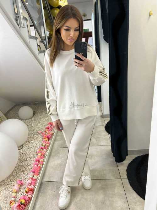 NB202 Komplet Dresowy Damski Masełkowy Szeroka Nogawka Lampasy Biały