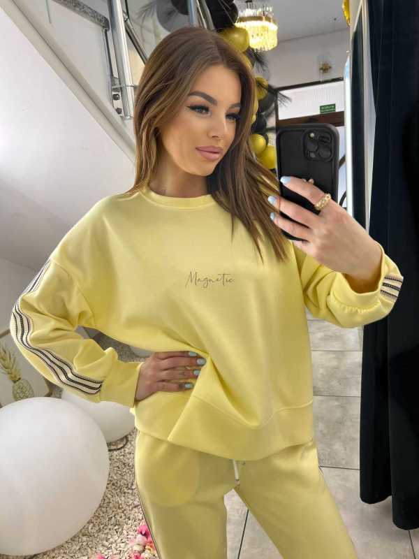 NB202 Komplet Dresowy Damski Masełkowy Szeroka Nogawka Lampasy Żółty