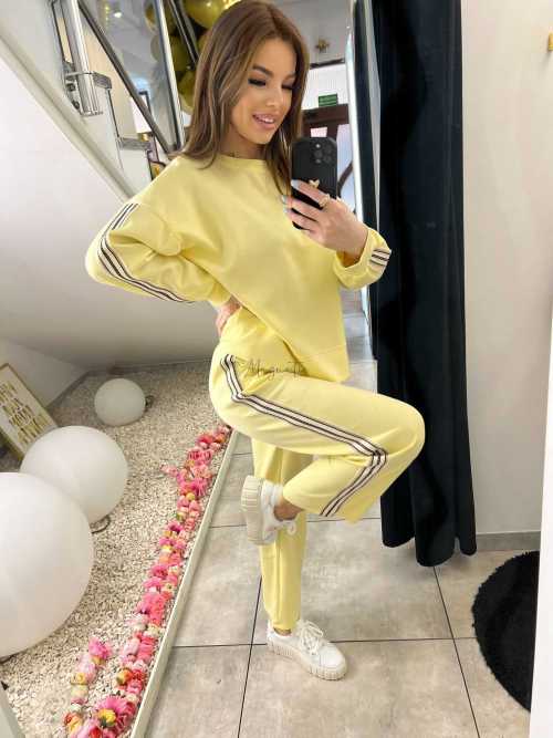 NB202 Komplet Dresowy Damski Masełkowy Szeroka Nogawka Lampasy Żółty