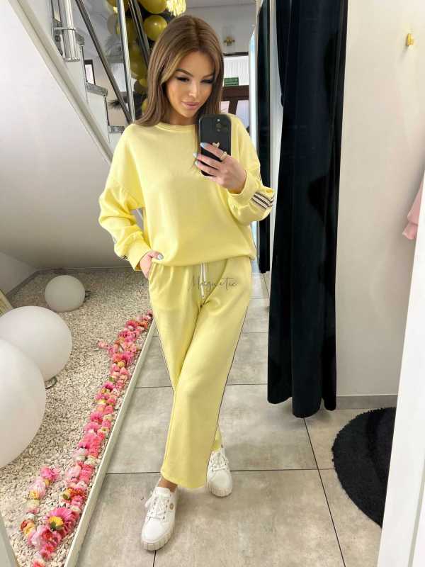 NB202 Komplet Dresowy Damski Masełkowy Szeroka Nogawka Lampasy Żółty