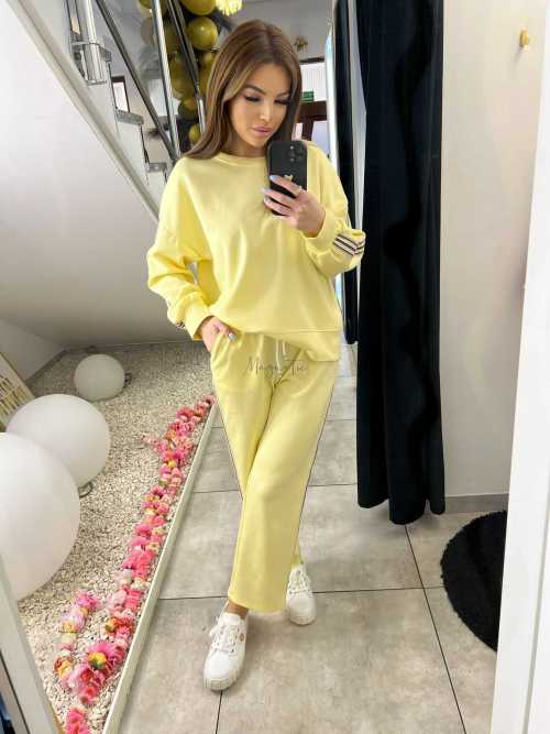 NB202 Komplet Dresowy Damski Masełkowy Szeroka Nogawka Lampasy Żółty