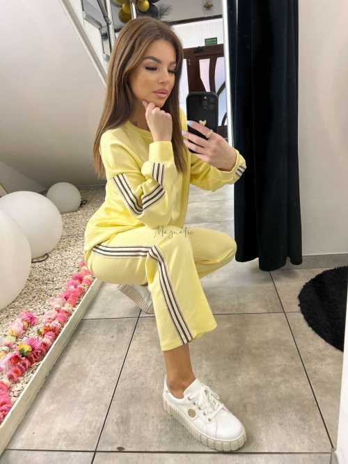 NB202 Komplet Dresowy Damski Masełkowy Szeroka Nogawka Lampasy Żółty