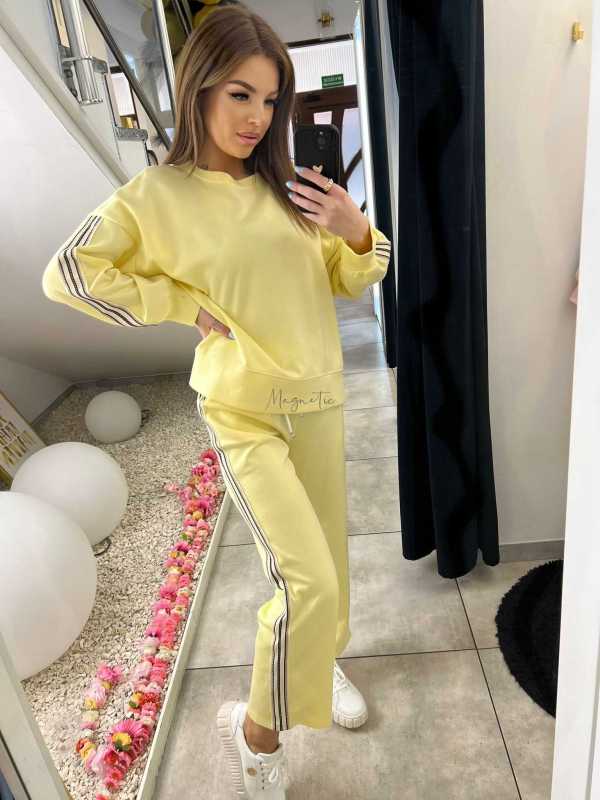 NB202 Komplet Dresowy Damski Masełkowy Szeroka Nogawka Lampasy Żółty