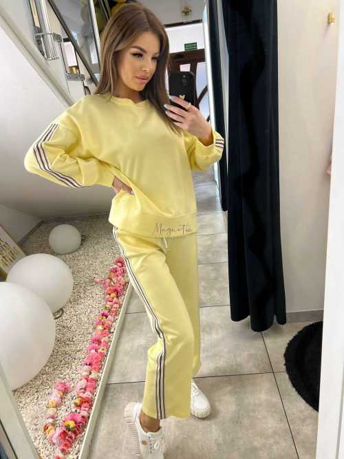 NB202 Komplet Dresowy Damski Masełkowy Szeroka Nogawka Lampasy Żółty