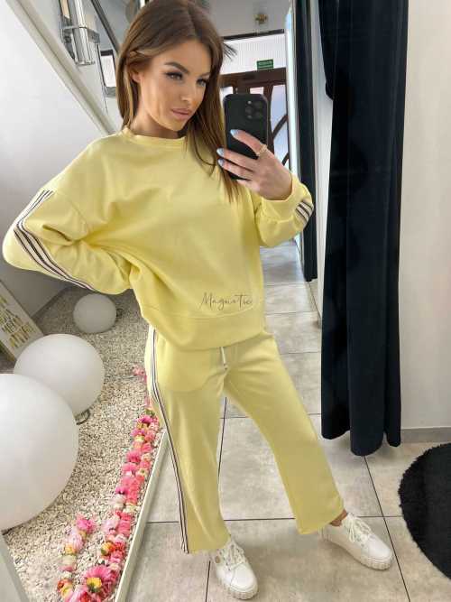 NB202 Komplet Dresowy Damski Masełkowy Szeroka Nogawka Lampasy Żółty