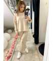 NB202 Komplet Dresowy Damski Masełkowy Szeroka Nogawka Lampasy Beżowy