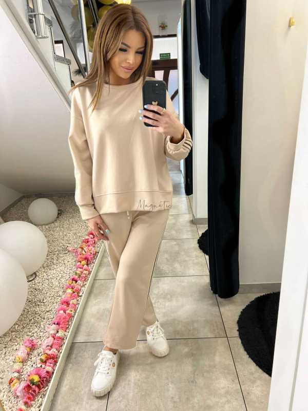 NB202 Komplet Dresowy Damski Masełkowy Szeroka Nogawka Lampasy Beżowy