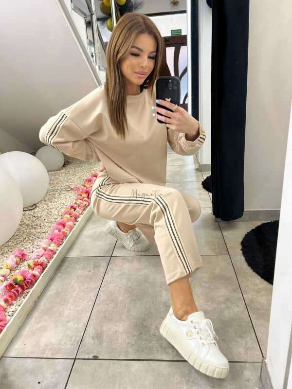 NB202 Komplet Dresowy Damski Masełkowy Szeroka Nogawka Lampasy Beżowy