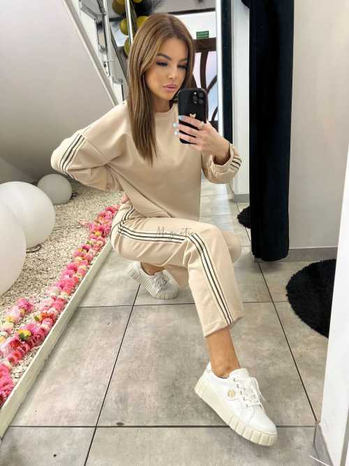 NB202 Komplet Dresowy Damski Masełkowy Szeroka Nogawka Lampasy Beżowy