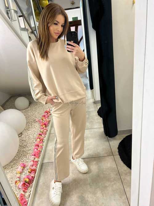 NB202 Komplet Dresowy Damski Masełkowy Szeroka Nogawka Lampasy Beżowy