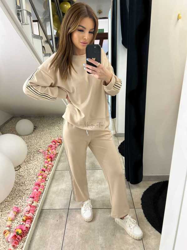 NB202 Komplet Dresowy Damski Masełkowy Szeroka Nogawka Lampasy Beżowy
