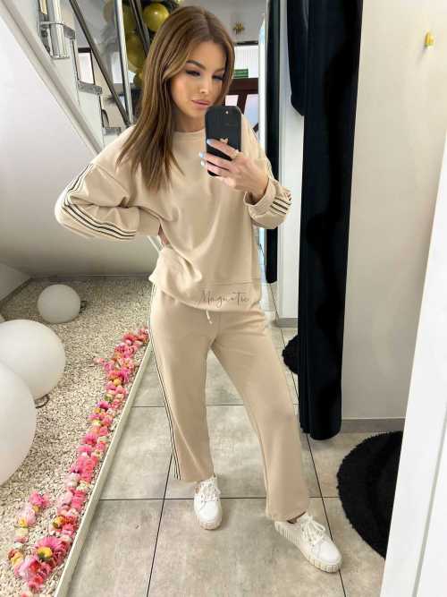 NB202 Komplet Dresowy Damski Masełkowy Szeroka Nogawka Lampasy Beżowy