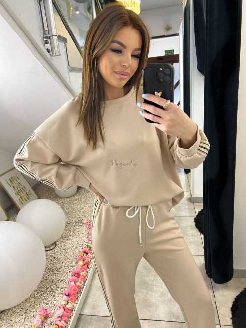 NB202 Komplet Dresowy Damski Masełkowy Szeroka Nogawka Lampasy Beżowy
