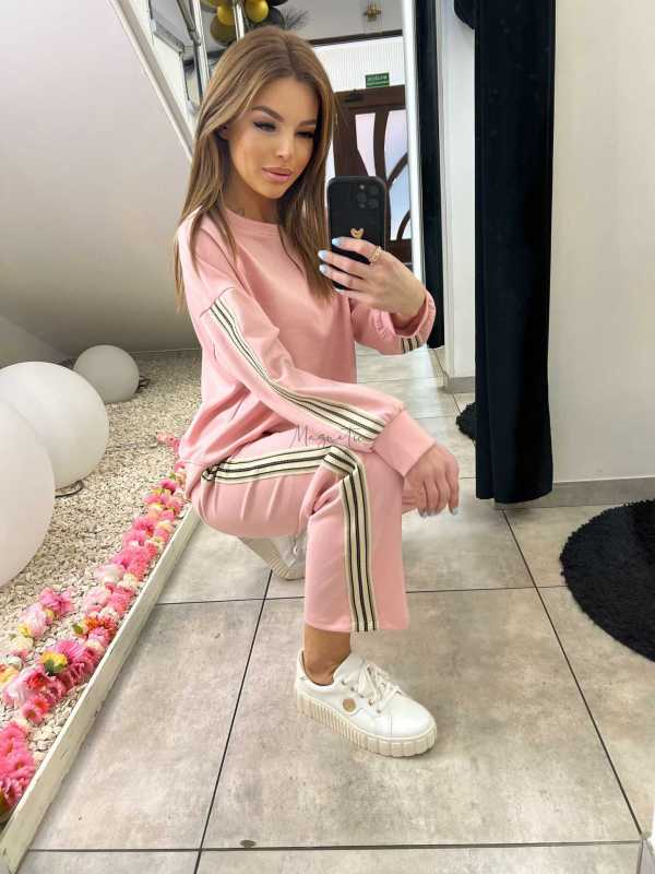 NB202 Komplet Dresowy Damski Masełkowy Szeroka Nogawka Lampasy Różowy