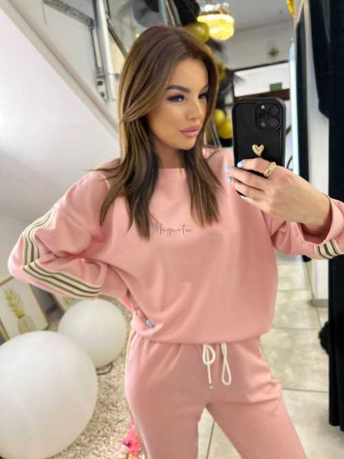 NB202 Komplet Dresowy Damski Masełkowy Szeroka Nogawka Lampasy Różowy