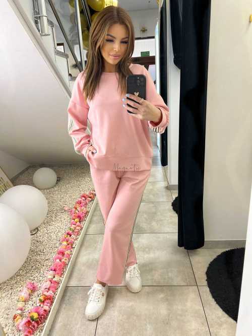 NB202 Komplet Dresowy Damski Masełkowy Szeroka Nogawka Lampasy Różowy