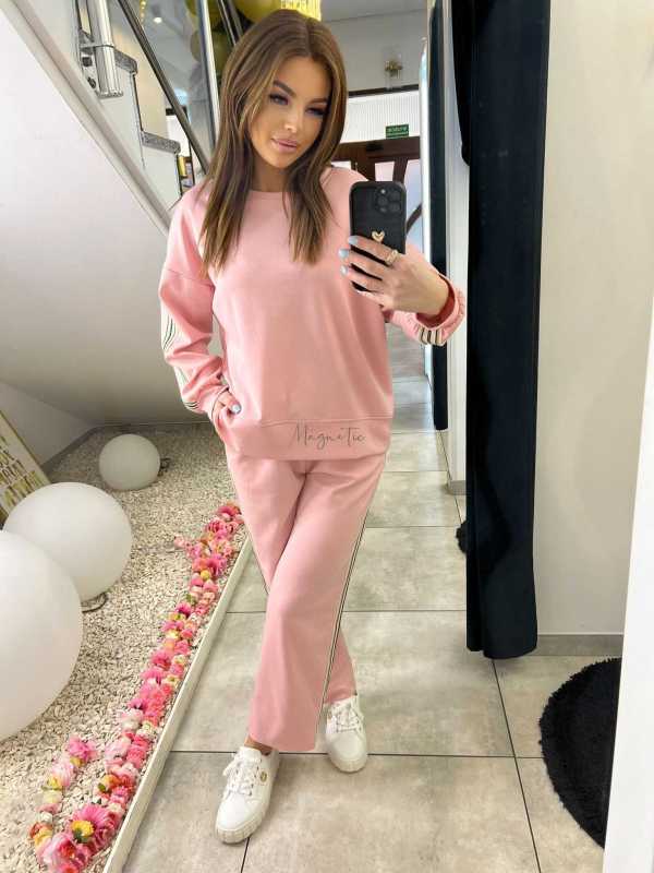 NB202 Komplet Dresowy Damski Masełkowy Szeroka Nogawka Lampasy Różowy