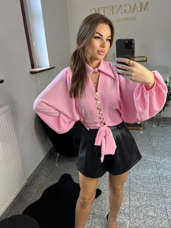 NB194 Elegancka Koszula Damska z Kołnierzykiem Pudrowy Róż