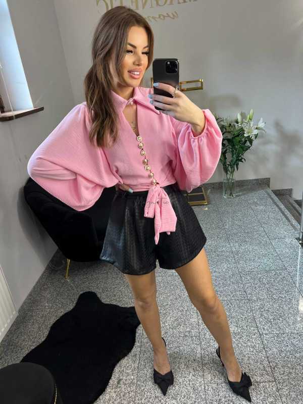 NB194 Elegancka Koszula Damska z Kołnierzykiem Pudrowy Róż