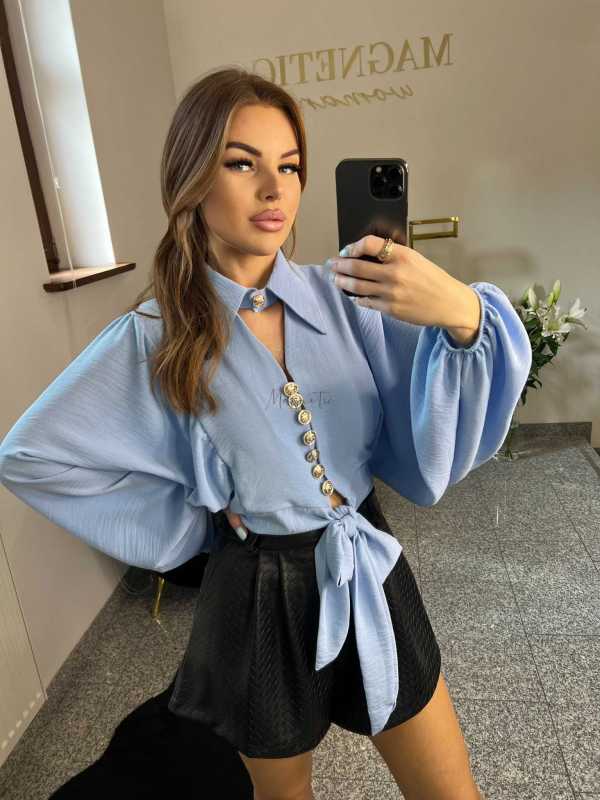 NB194 Elegancka Koszula Damska z Kołnierzykiem Niebieska