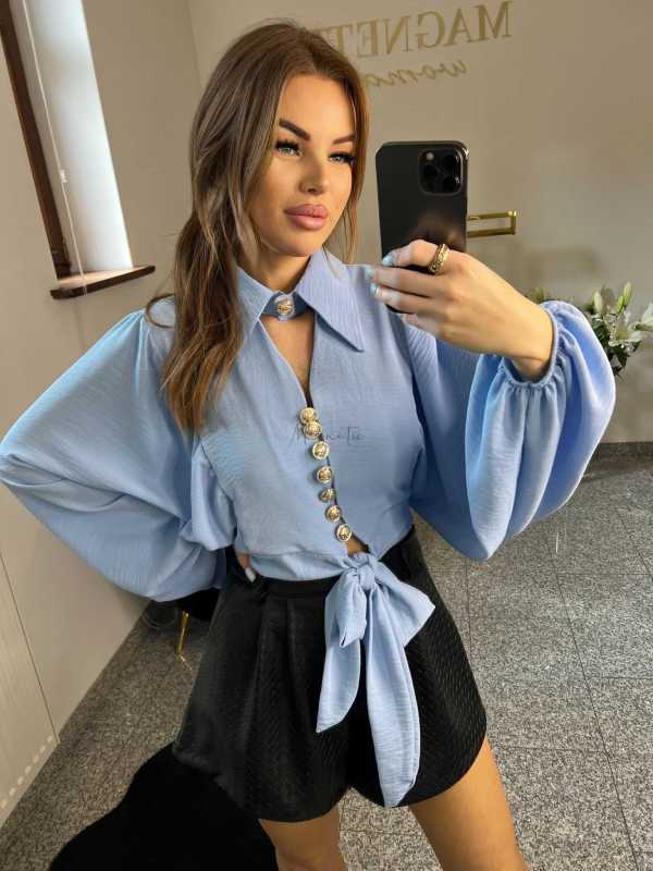 NB194 Elegancka Koszula Damska z Kołnierzykiem Niebieska
