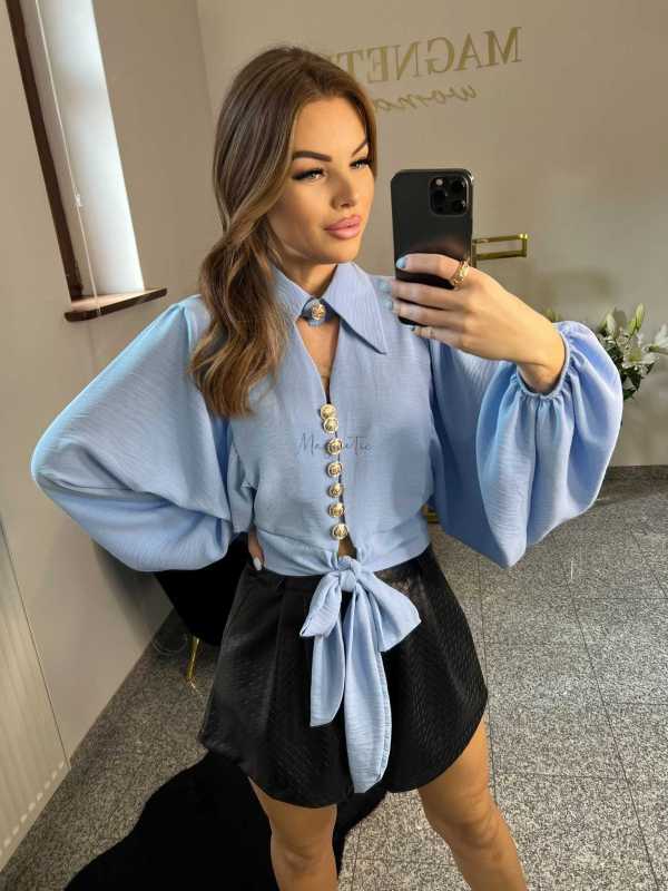 NB194 Elegancka Koszula Damska z Kołnierzykiem Niebieska