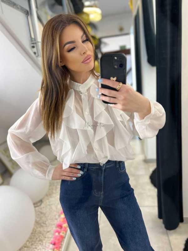 NB219 Elegancka Koszula Damska z falbanami Biała