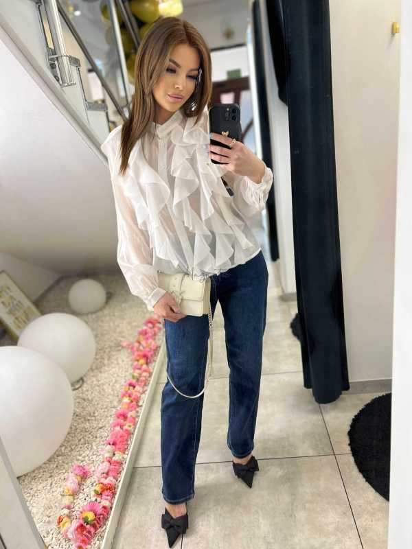 NB219 Elegancka Koszula Damska z falbanami Biała