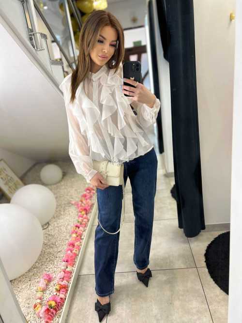 NB219 Elegancka Koszula Damska z falbanami Biała