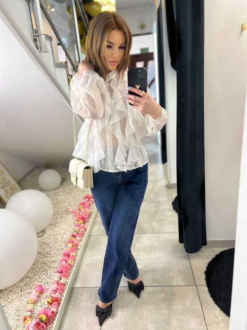 NB219 Elegancka Koszula Damska z falbanami Biała