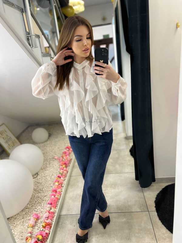 NB219 Elegancka Koszula Damska z falbanami Biała