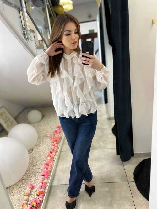 NB219 Elegancka Koszula Damska z falbanami Biała