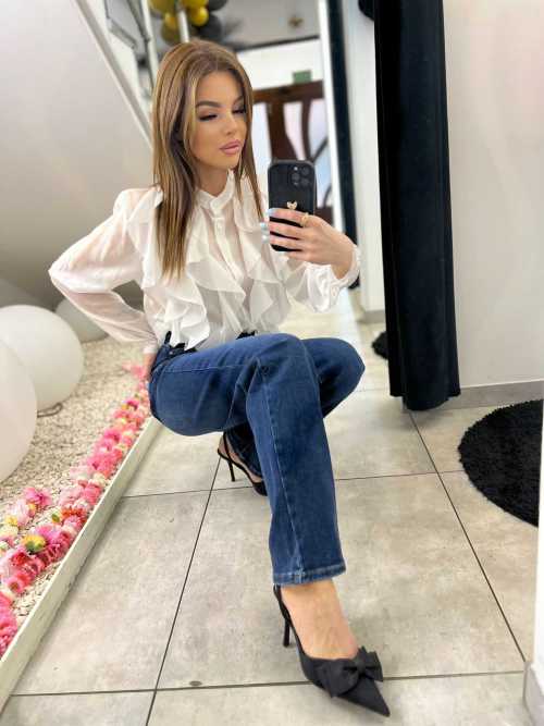 NB219 Elegancka Koszula Damska z falbanami Biała