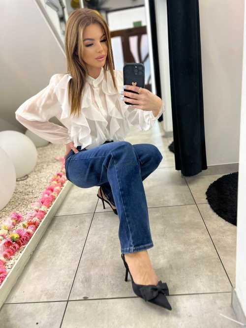 NB219 Elegancka Koszula Damska z falbanami Biała