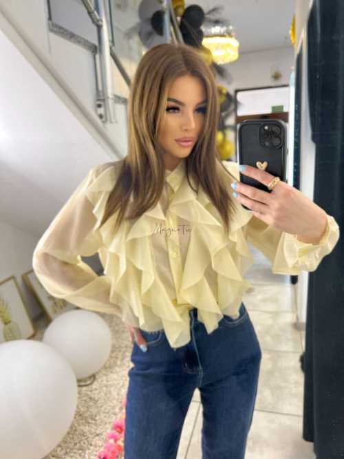 NB219 Elegancka Koszula Damska z falbanami Żółta