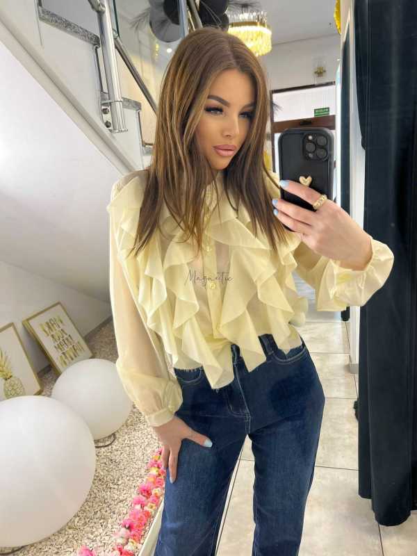 NB219 Elegancka Koszula Damska z falbanami Żółta