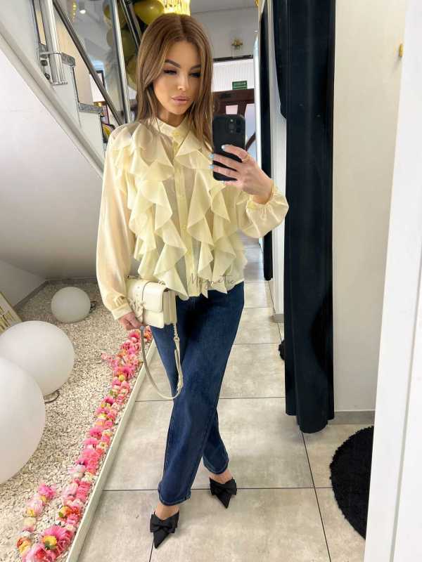 NB219 Elegancka Koszula Damska z falbanami Żółta