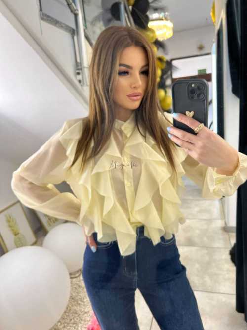 NB219 Elegancka Koszula Damska z falbanami Żółta