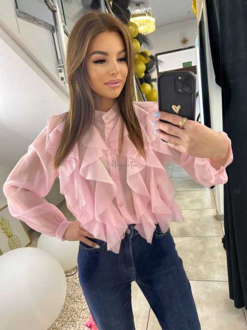 NB219 Elegancka Koszula Damska z falbanami Pudrowy Róż