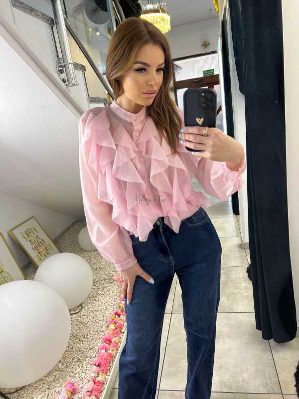 NB219 Elegancka Koszula Damska z falbanami Pudrowy Róż