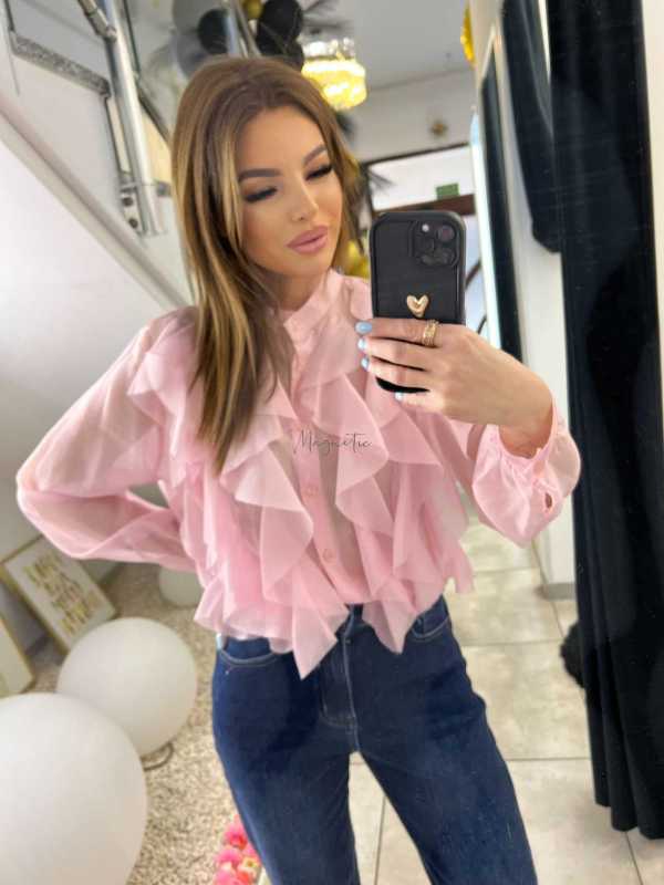 NB219 Elegancka Koszula Damska z falbanami Pudrowy Róż