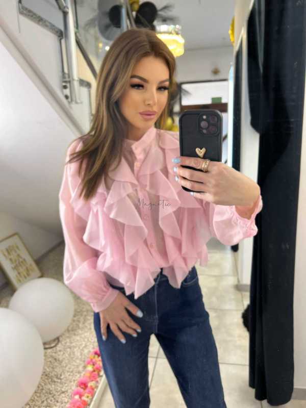 NB219 Elegancka Koszula Damska z falbanami Pudrowy Róż