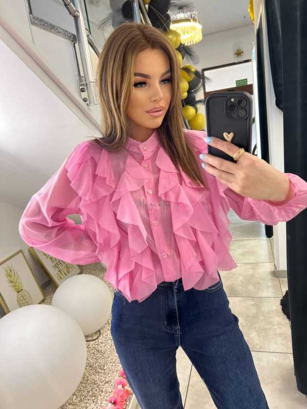 NB219 Elegancka Koszula Damska z falbanami Różowa