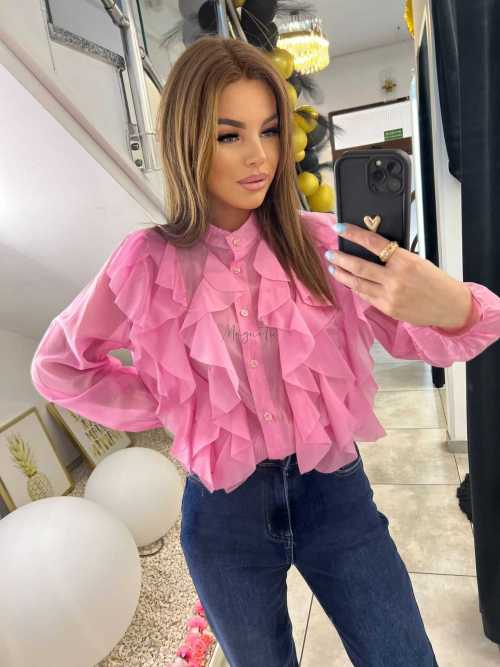 NB219 Elegancka Koszula Damska z falbanami Różowa
