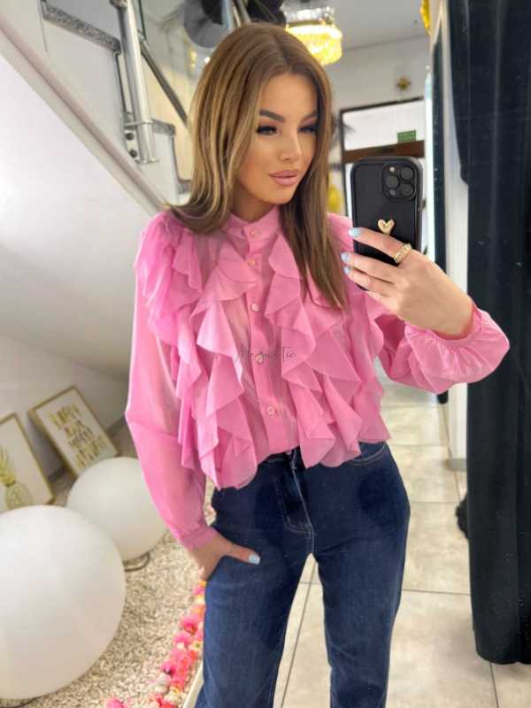 NB219 Elegancka Koszula Damska z falbanami Różowa