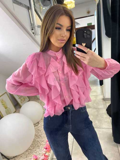 NB219 Elegancka Koszula Damska z falbanami Różowa