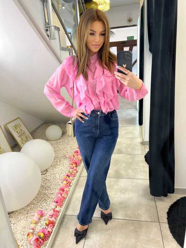 NB219 Elegancka Koszula Damska z falbanami Różowa